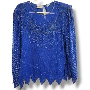 Denise Elle Royal Blue Beaded 100% Silk Formal Blouse Top‎ Size Medium